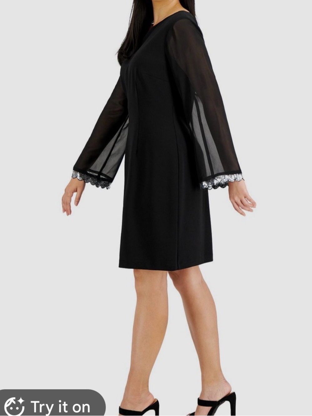 connected apparel Black Sheer-Lace Cuff Long-Sleeve Shift Dress